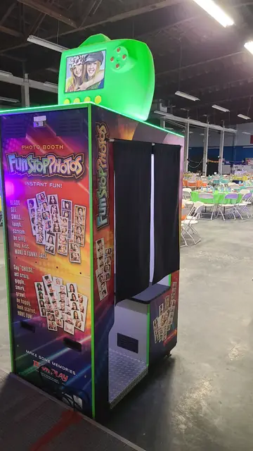 Photo booth lit up at an evening event, May 2024